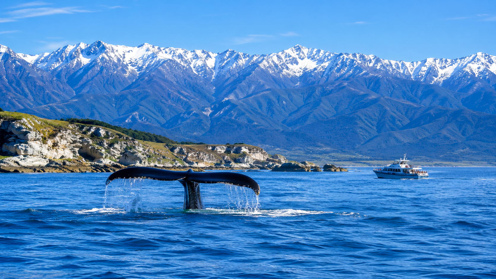 Kaikoura whale watching with mountain backdrop